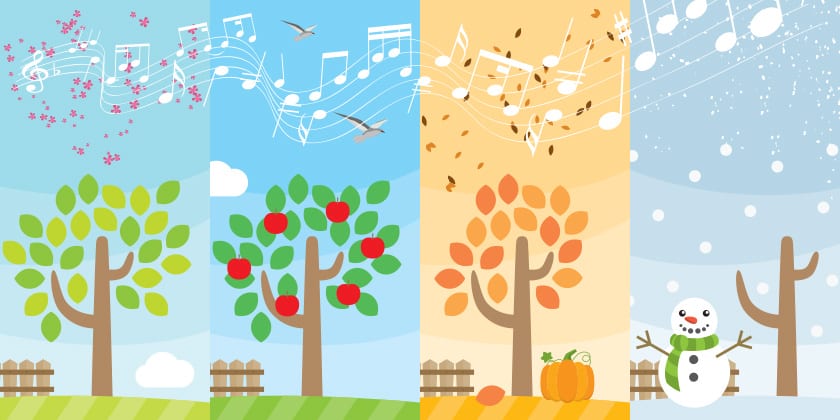 illustration representing seasons based podcasting, showing 4 trees, one in each season