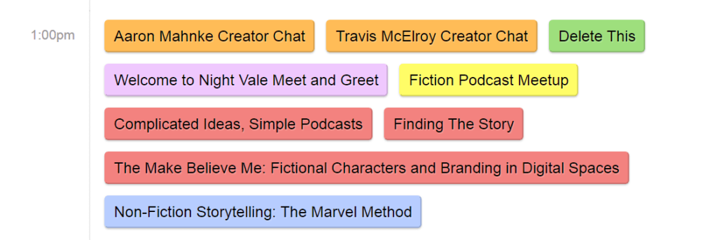 screenshot of a schedule with various differently colored events podcon