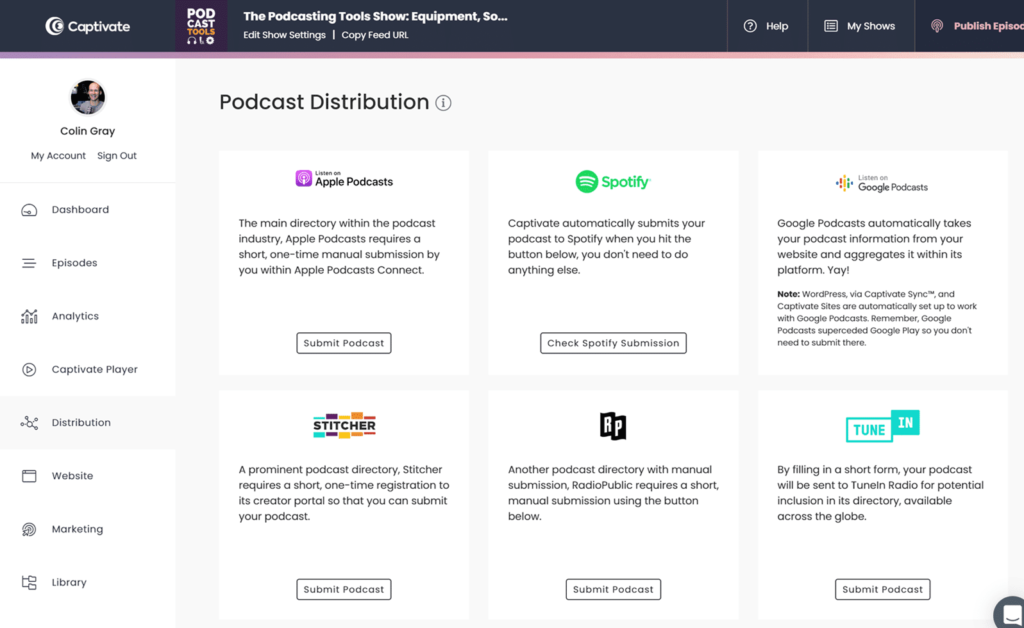 podcast distribution screen on Captivate