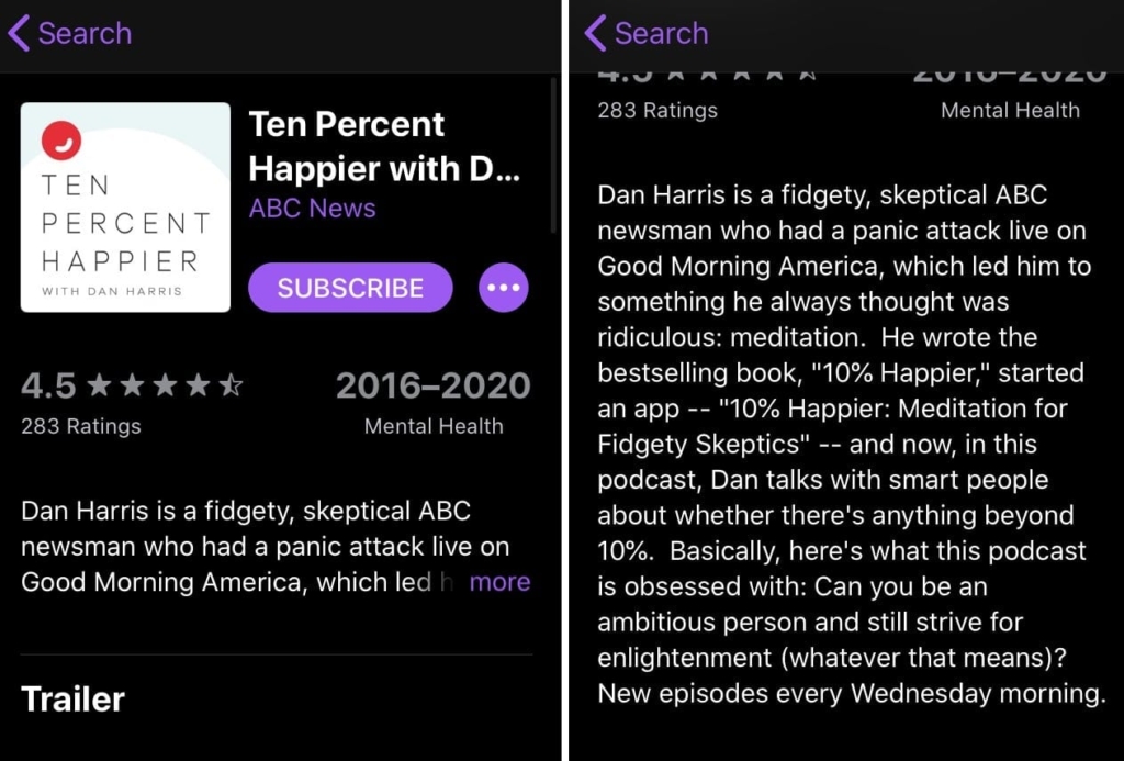 Ten Percent Happier podcast description in Apple Podcasts