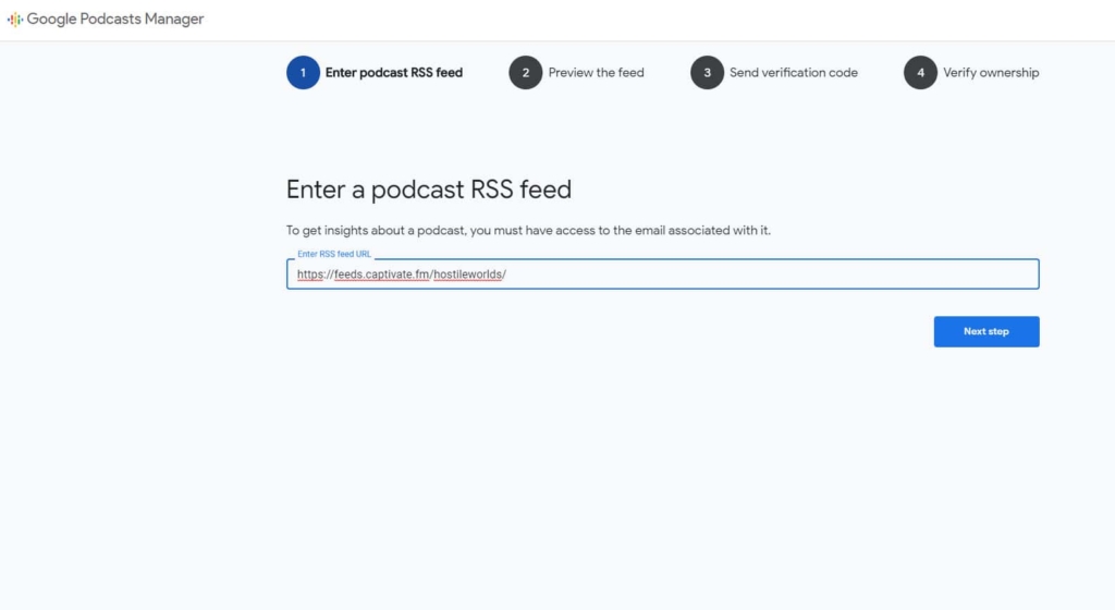 Google Podcasts Manager Enter RSS Feed