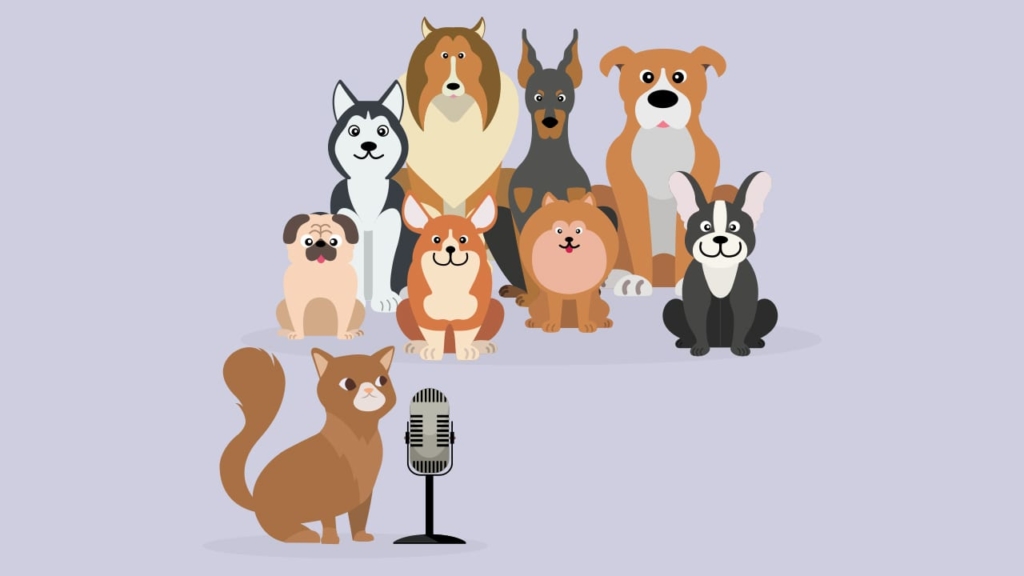podcasting cat with audience of dogs