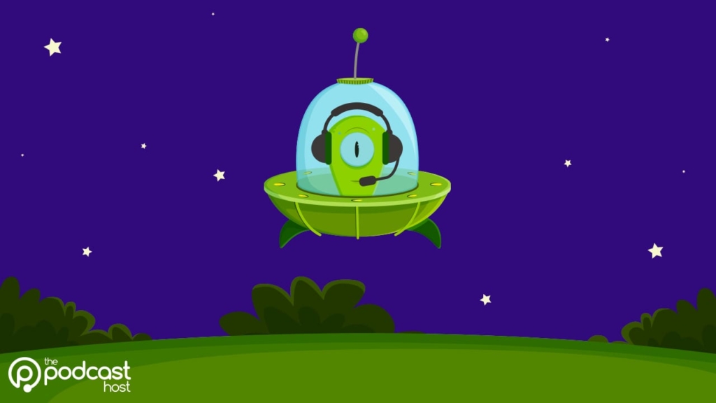 alien podcaster in flying saucer