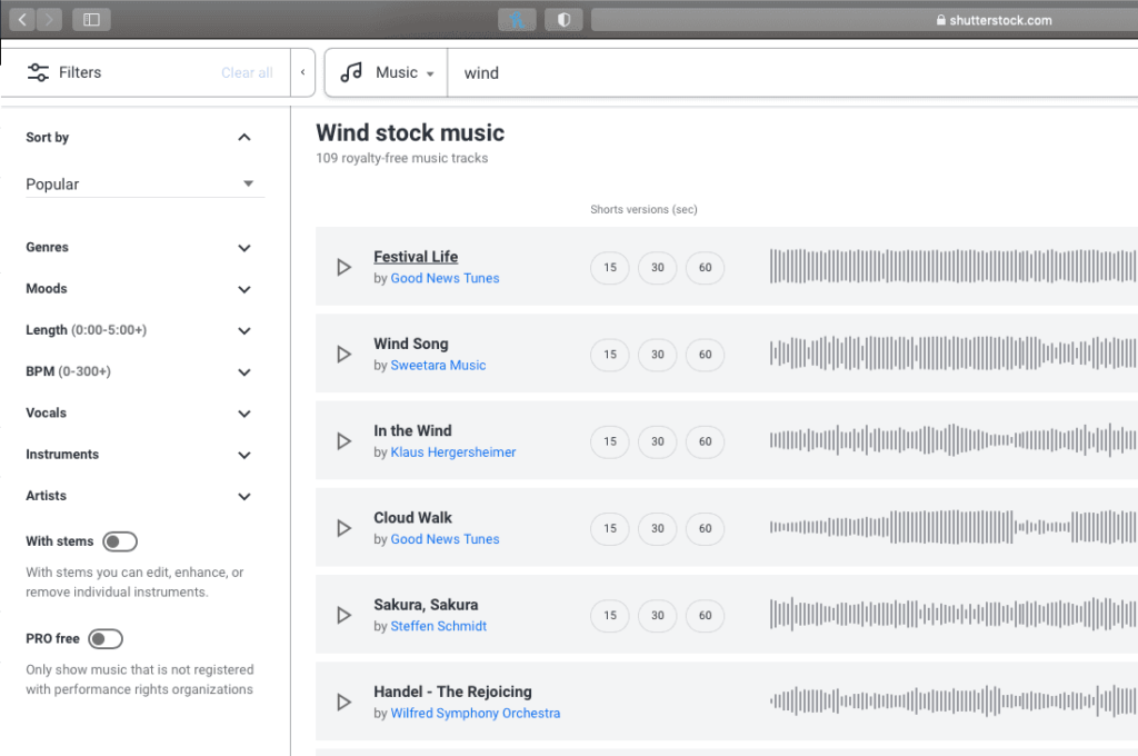 Shutterstock music search interface example