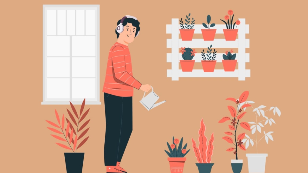 man alone happy listening to podcast watering plants