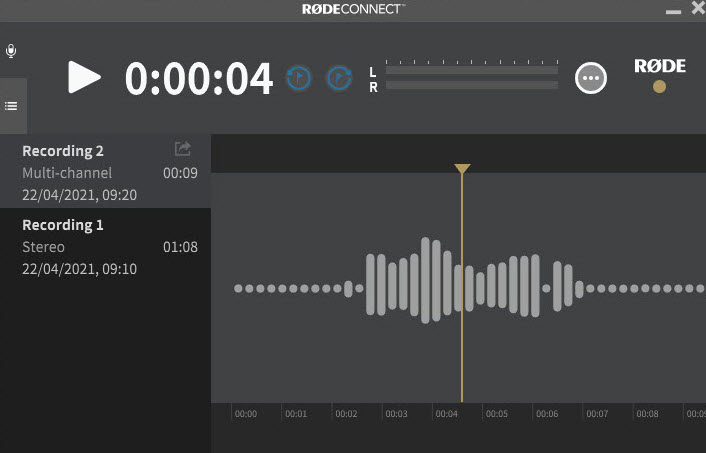 Rode Connect software, recording in stereo or multitrack