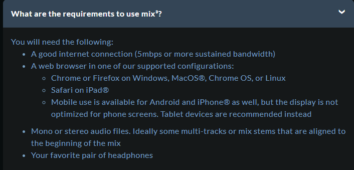 mix³ requirements from their website