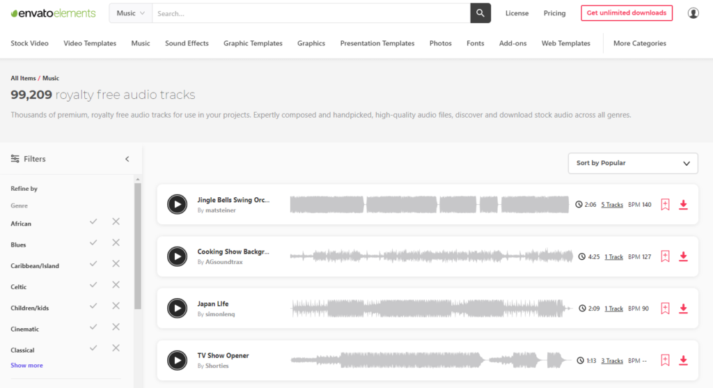 Envato's Royalty free music library