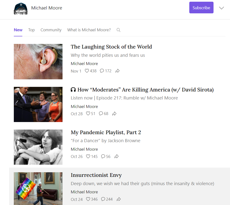 Michael Moore's podcast newsletter page on Substack. 