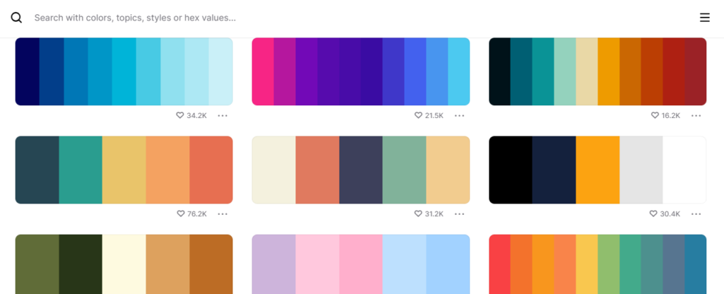 Screen shot of trending color palettes from Coolors.