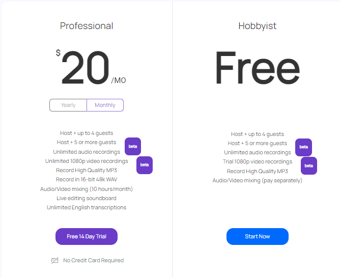 Zencastr pricing plans, found at https://zencastr.com/pricing. Professional is $20 per month and Hobbyist is FREE with unlimited recordings. 