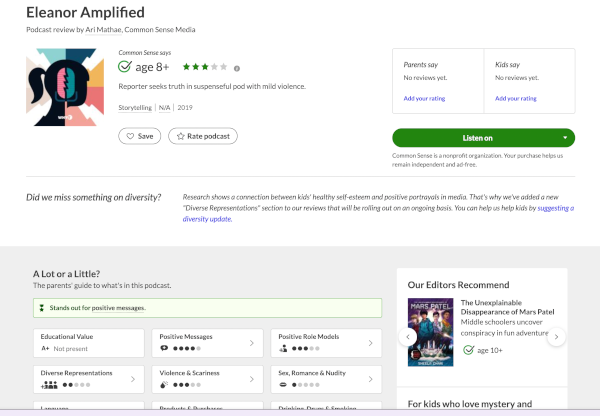 Screenshot of Common Sense Media's review of Eleanor Amplified, a WHYY kids and family audio drama. 