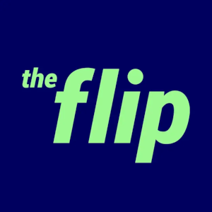 The Flip's podcast art is the title in lime green against an eggplant purple background. 