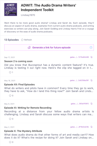 Screenshot of a Galas page from the owner's side. The user's side looks exactly like this, without the option to generate a link for future episode show notes. 