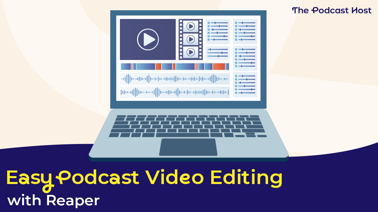 A laptop with its screen displaying podcast video editing with Reaper.