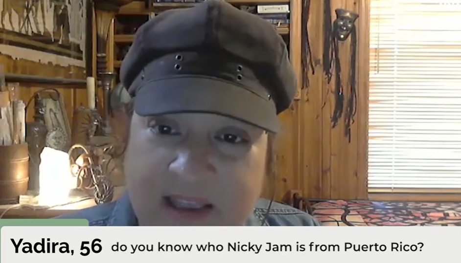 Screenshot of one of the Latino listeners video interviews. Yadira, 56, talks about who she wants to hear a podcast with, Nicky Jam from Puetro Rico. 