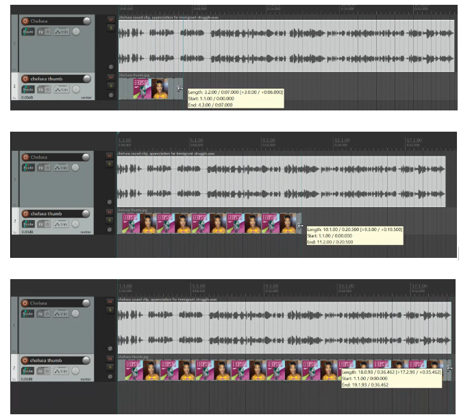 Three images showing what the static image looks like in a Reaper track during podcast video editing. When you drag the image to the right. It looks like the image duplicates over and over the longer you drag it to the right. In the final image, the image is all the way over to the end of the audio track above it. 