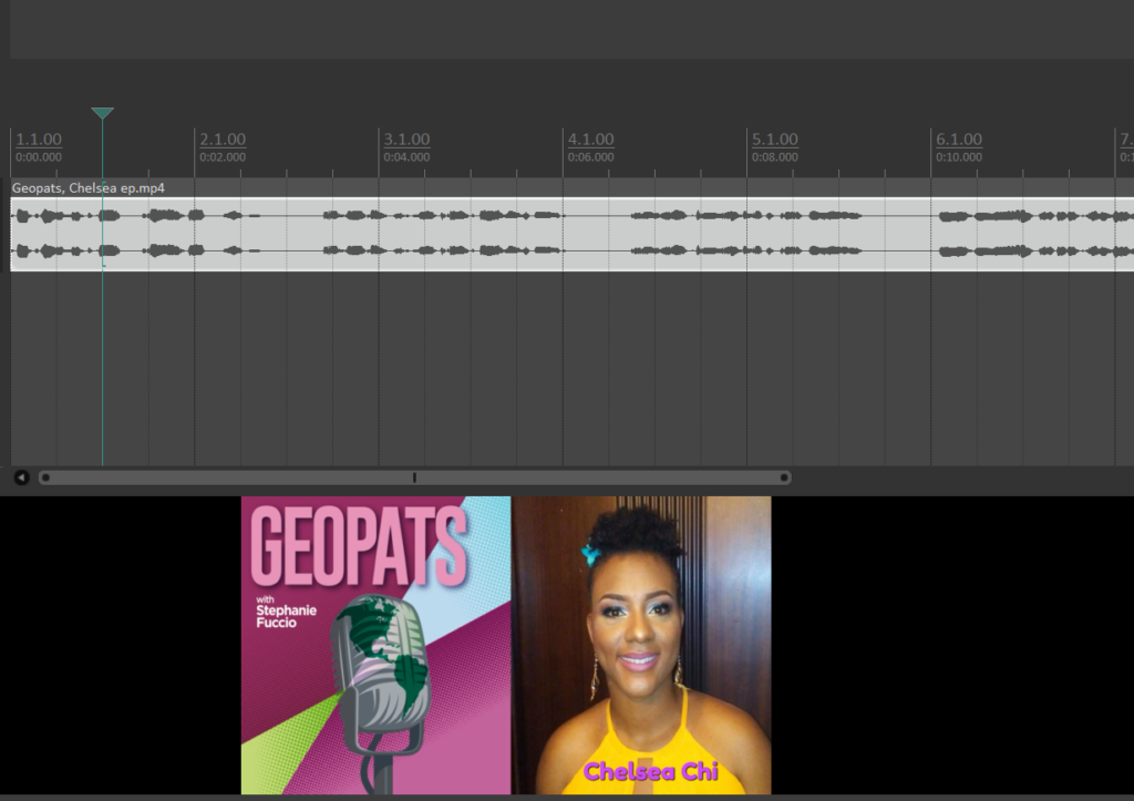 Am image of the combined audio and video info in one track while podcast video editing. The audio file appears on the Reaper screen as a waveform and the video appears in the bottom window as a static content video. Note, since we're editing the audio and video at the same time in this example, the video does NOT appear in a 2nd track, below the audio. 