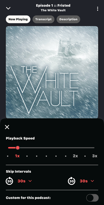 The playback settings in Castle the podcast player app allow users to choose playback speed and the amount of time to skip forwards or backwards. 
