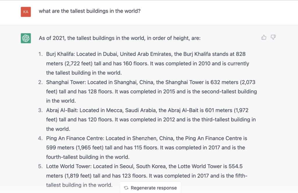AI chatbot response: What are the tallest buildings int he world?