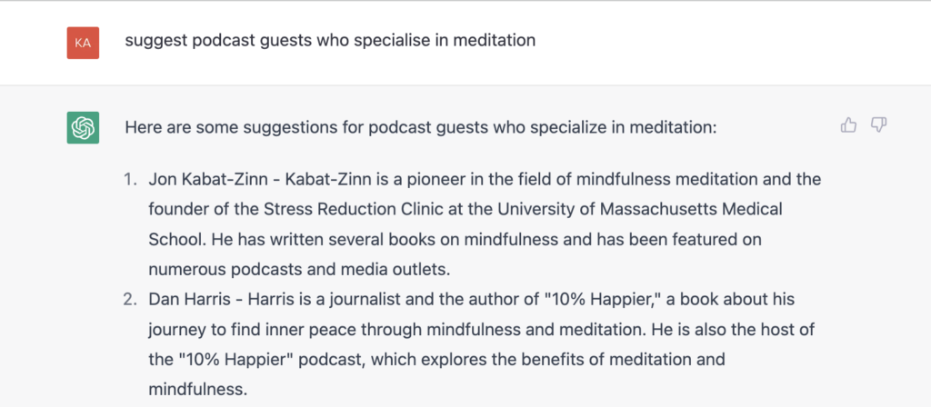 AI chatbot suggestion for podcast guest who specialise in meditation