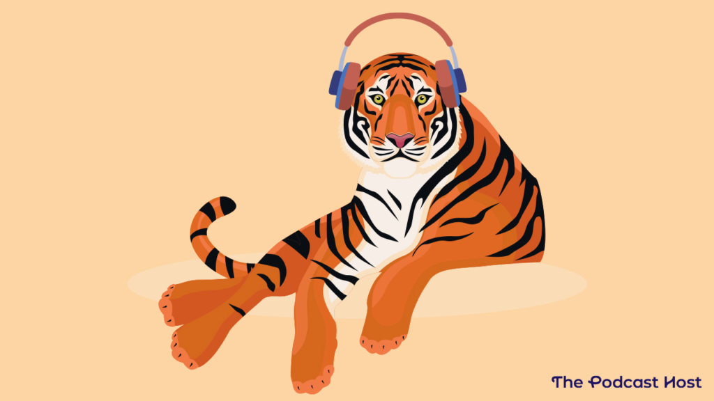 A tiger with relaxed pose but vigilant eyes wearing headphones and listening to a podcast. When you pitch your podcast, feed the tiger what it wants.