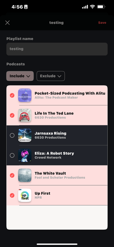 Castle the podcast player lets users select different podcasts to play in a queue, but not individual episodes. 