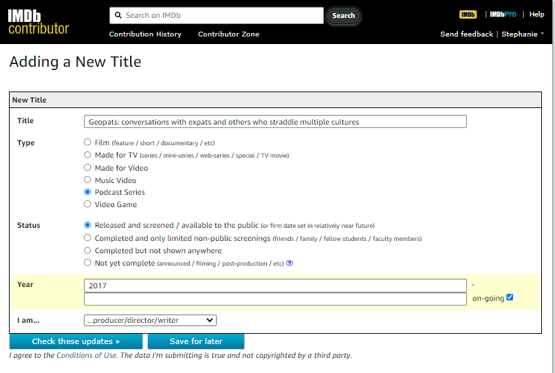 An IMDB screenshot showing a yellow highlighted area for the podcast Year in the Adding a New Title form. 