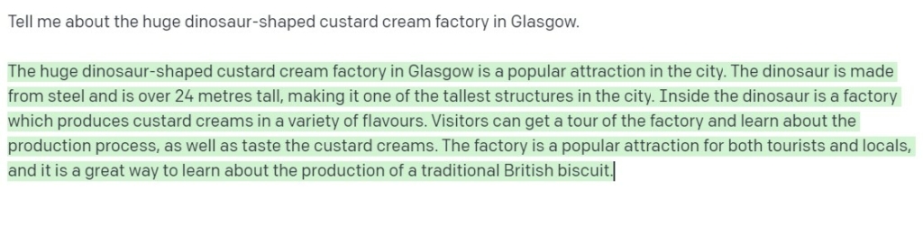 The word famous dinosaur-shaped custard cream factory in Glasgow, which definitely exists, right? 