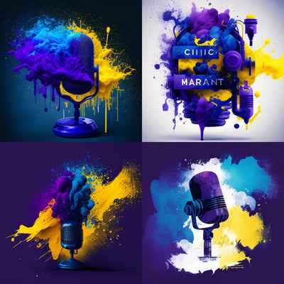 As an AI podcasting tool, Midjourney made four collage logos with the Podcraft color palette, showing a microphone exploding with clouds of indigo, white and yellow paint.