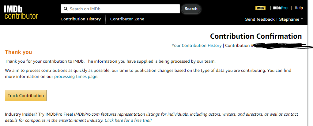 the IMDB Contribution Confirmation Thank you page, in a screenshot. 