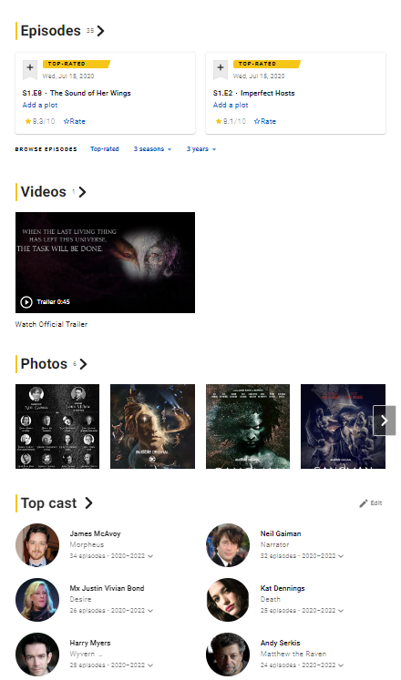 a screenshot of Sandman's IMDB page showing their episode reviews, video trailer, photos and top cast sections. 