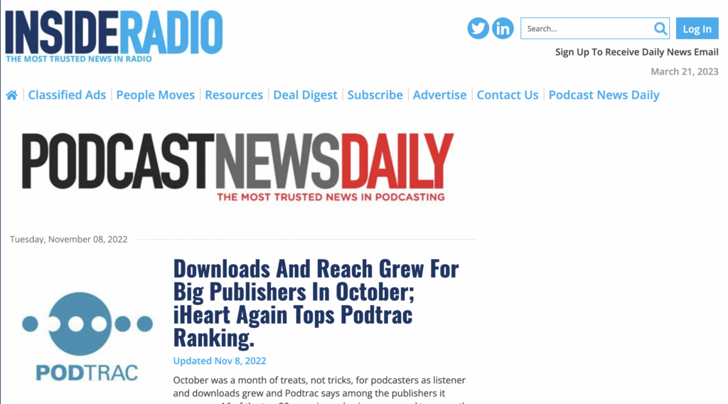 Screenshot of Inside Radio's Podcast news daily