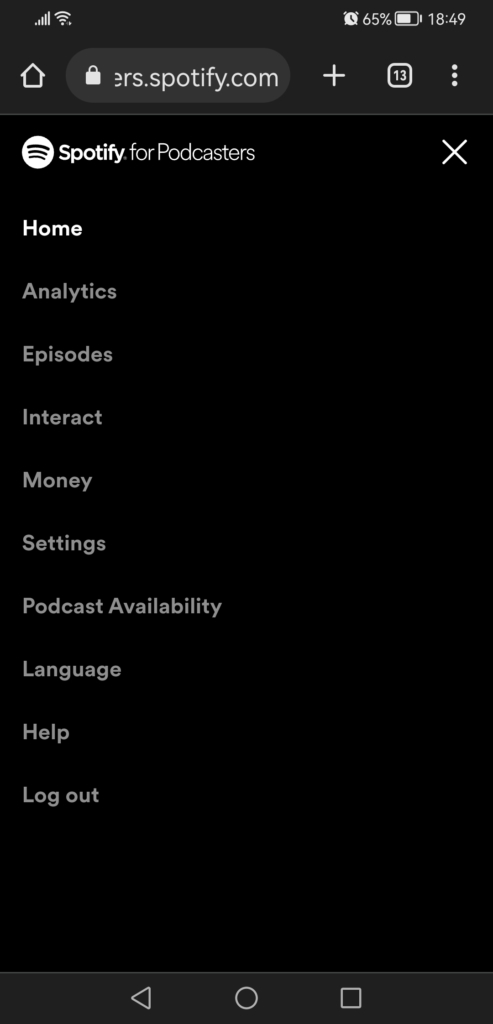 Screenshot provided by Mike McDowall of Remarkable Stories, of the Anchor or Spotify for Podcasters app on 10 March 2023. Spotify and Anchor have merged, but other than the name and logo, no changes in app view.