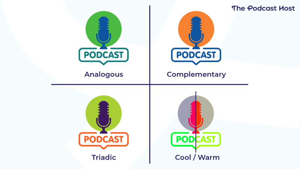 Examples of podcast cover art using the same images and text but different colour schemes.