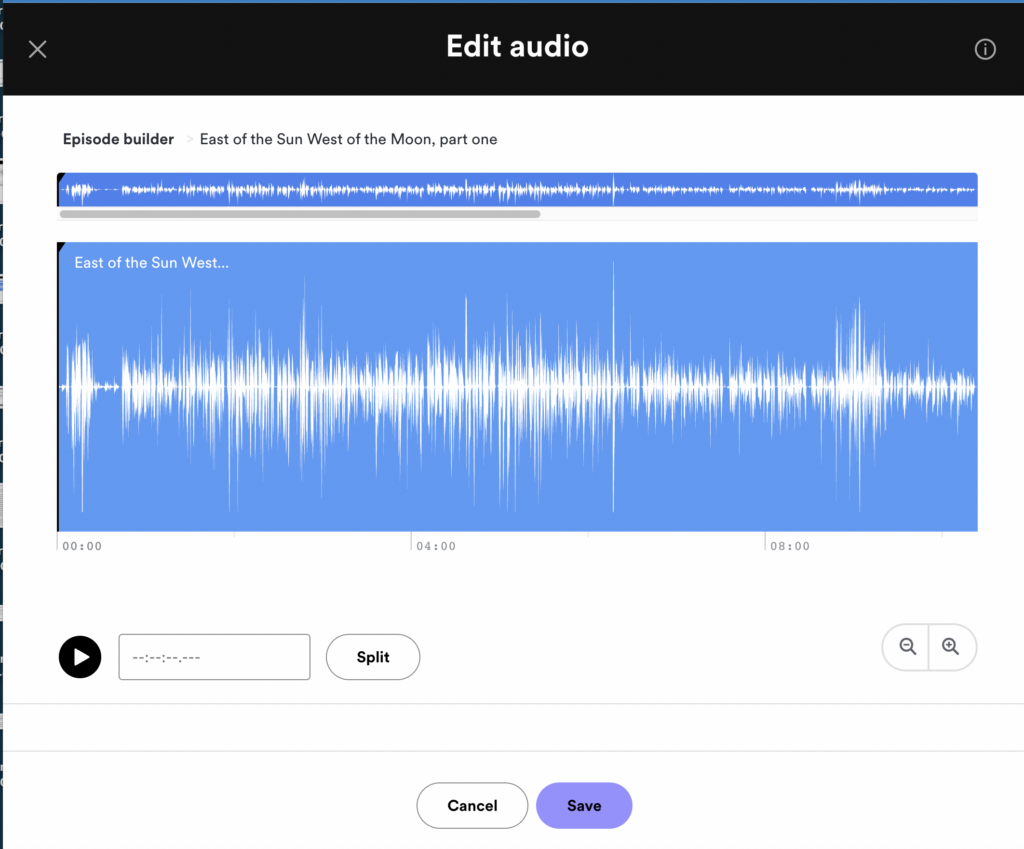 Spotify for Podcasters enables you to trim or split your audio clips, then saves them to your library. 