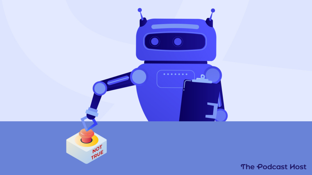 AI robot pushing a 'not true' alert button