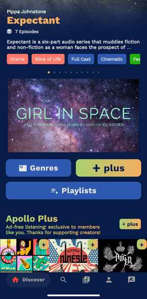 Apollo's opening screen shows a carousel of featured audio drama and fiction podcasts, and options such as Genres, Playlists, and Apollo+.