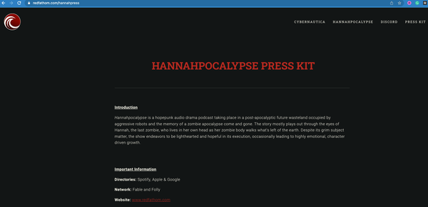 Red Fathom's press kits for Hannahpocalypse (pictured) and Cybernautica include all the necessary information, links to Google Drive folders, even the fonts they use.