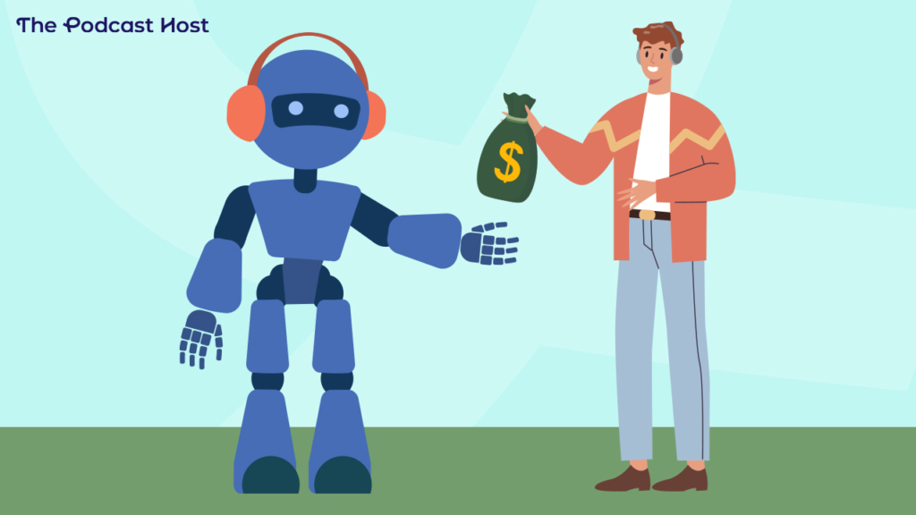 a podcaster giving a big bag of money to a robot