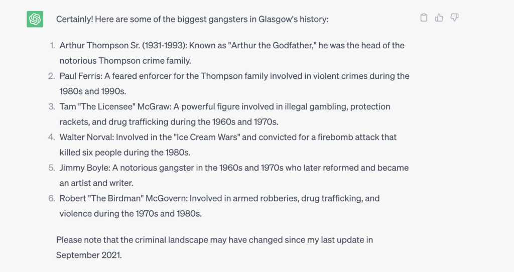 chatgpt screenshot "who are the biggest gangsters in glasgow?"
