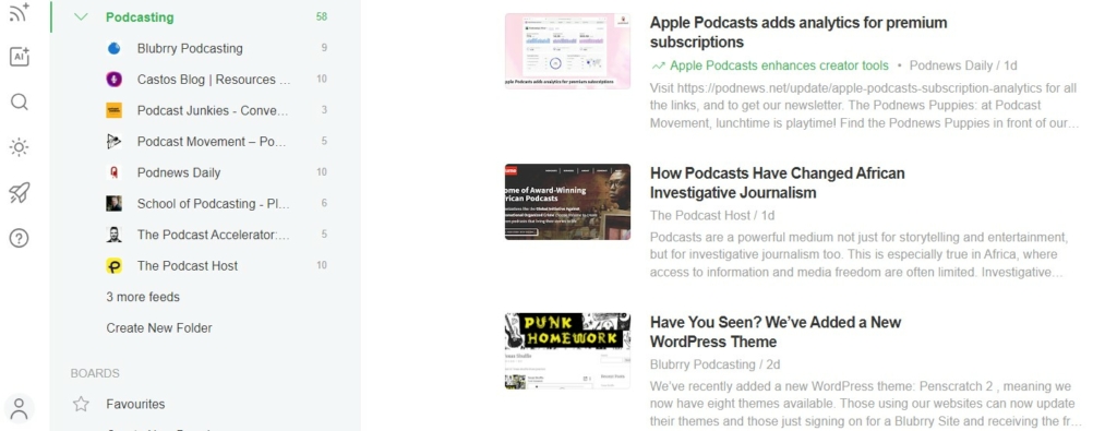 My "Podcasting" feed in Feedly