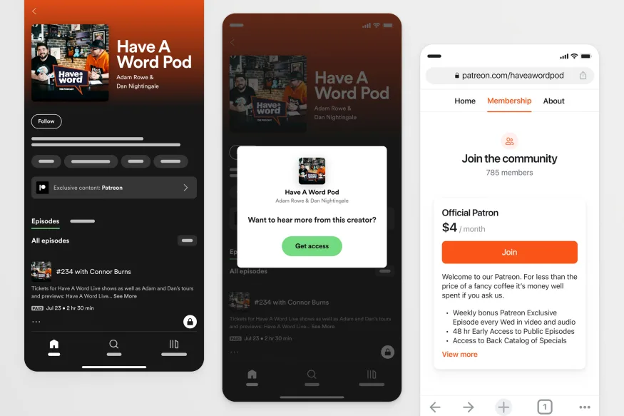 Screenshots showing how Spotify x Patreon podcast integration works