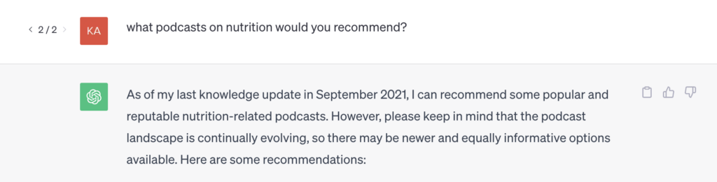 ChatGPT screenshot: What nutrition podcasts would you recommend?