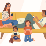 adults and kids on a sofa listening to podcasts