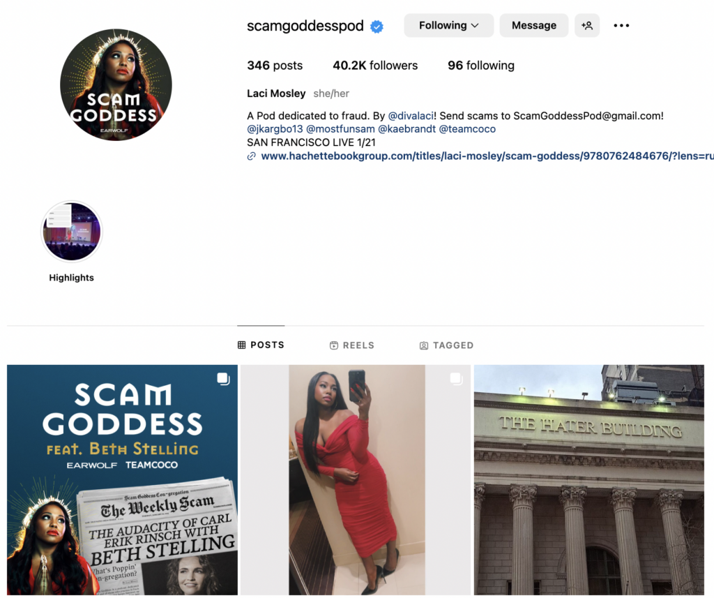 Screenshot of Scam Goddess Podcast instagram account