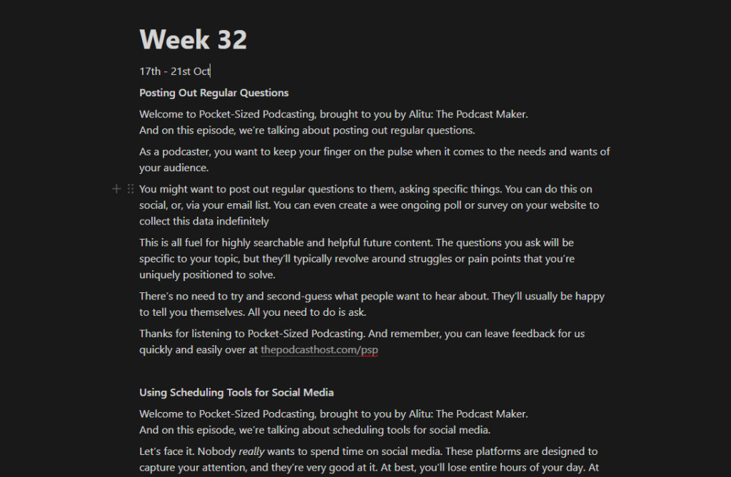 screenshot of example word for word podcast script