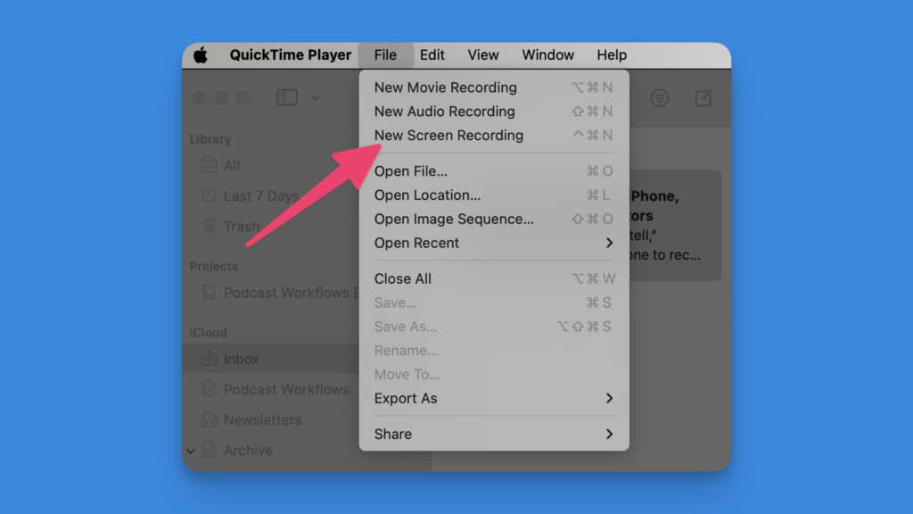 Screenshot of how to create a new screen recording in Quicktime 