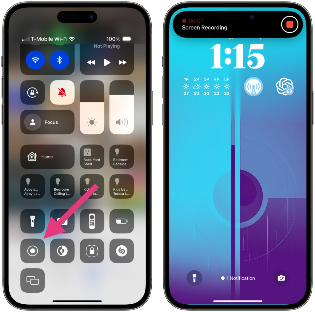 Side-by-Side iPhone screenshots of the control center on iOS and the screen recording dynamic island pill