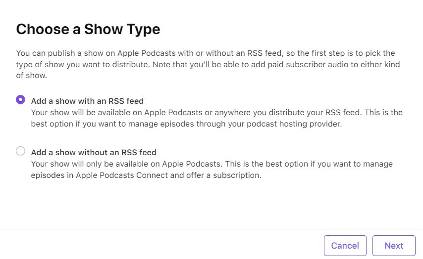 choosing a show type in podcasts connect